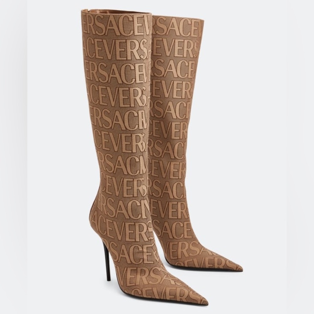 Versace Allover Logo Printed Knee- High Boots